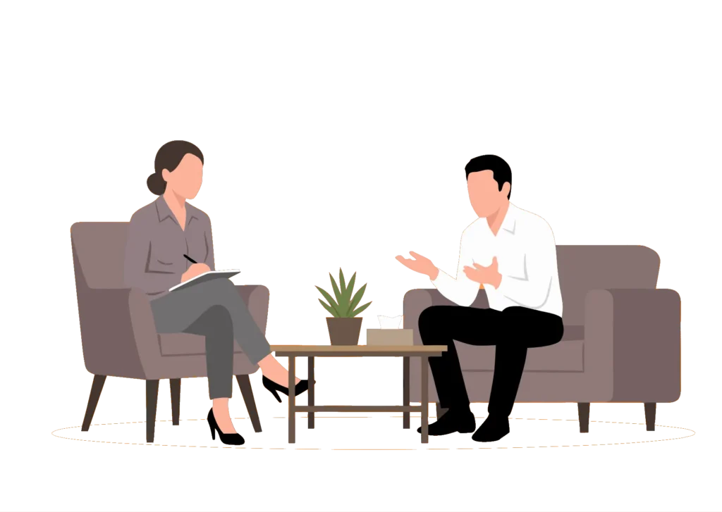 Illustration of 2 people talking while sitting down